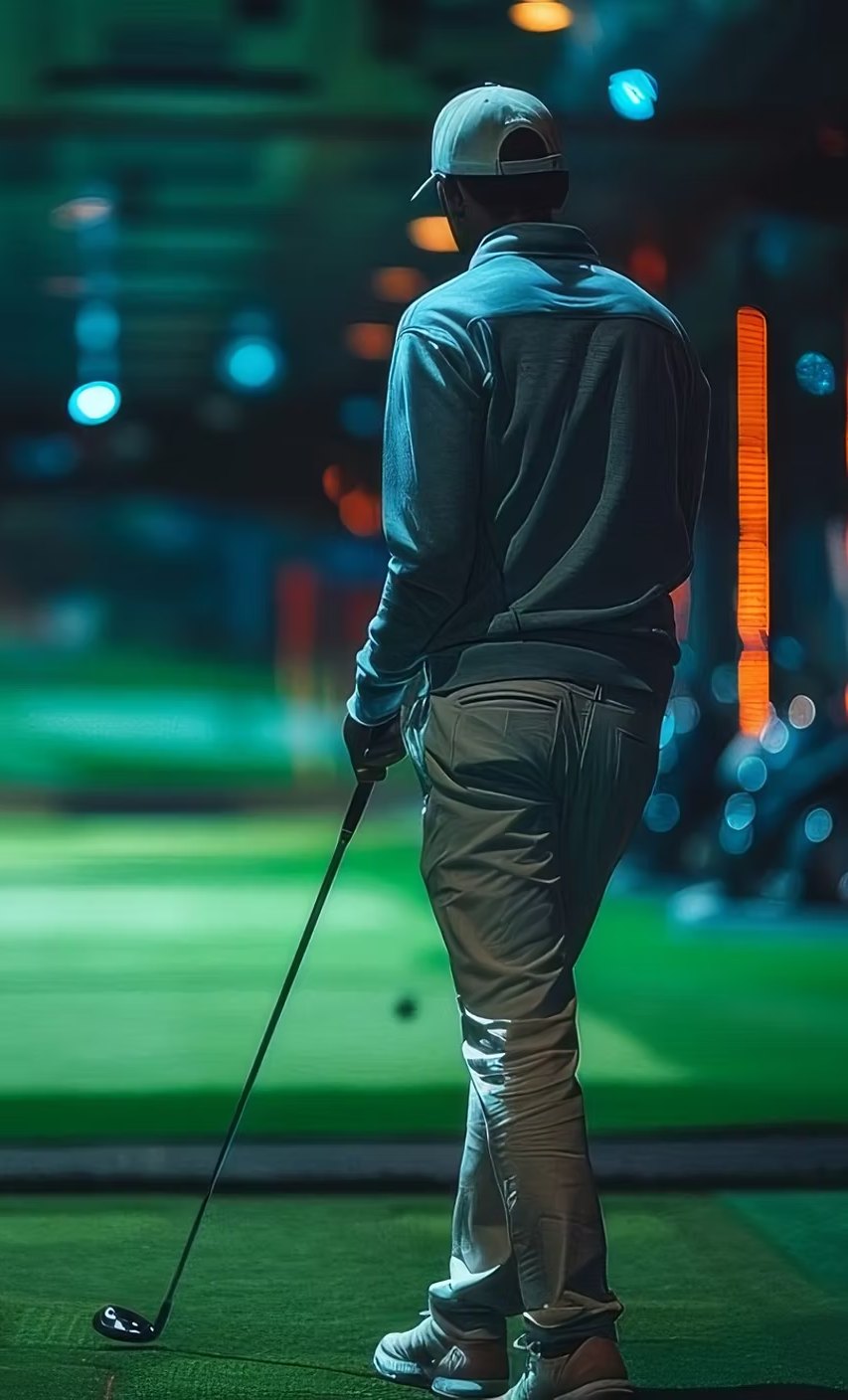 A golfer at the tee in a simulator bay